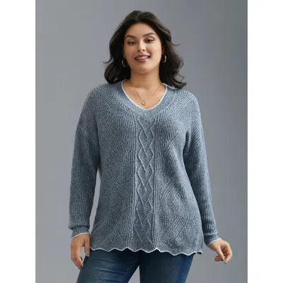 Bloomchic Plain Textured Contrast Trim Cable Knit Pullover In Blue