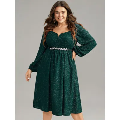 Bloomchic Plain Textured Gathered Square Neck Dress In Green