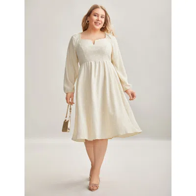 Bloomchic Plain Textured Gathered Square Neck Dress In White
