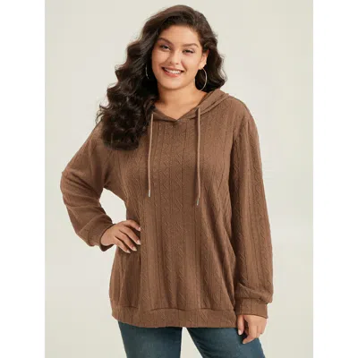 Bloomchic Plain Textured Hooded Drawstring Sweatshirt In Brown