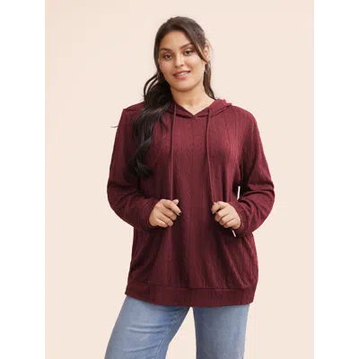 Bloomchic Plain Textured Hooded Drawstring Sweatshirt In Burgundy
