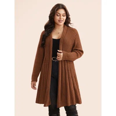 Bloomchic Plain Textured Kimono Collar Cardigan In Brown