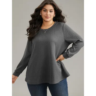 Bloomchic Plain Textured Round Neck Sweatshirt In Gray