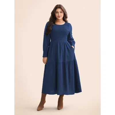 Bloomchic Plain Textured Shirred Midi Dress In Blue