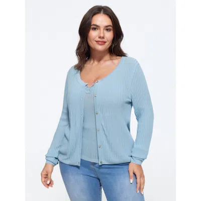 Bloomchic Plain V‑neck Button Front Cardigan In Lightblue_1