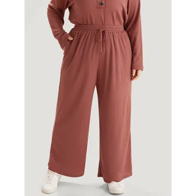 Bloomchic Plain Waffle Knit Drawstring Elastic Waist Woven Pants In Pink