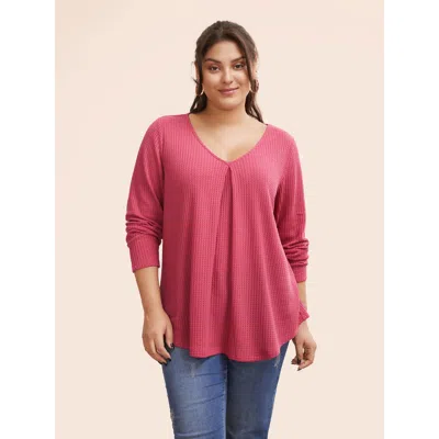 Bloomchic Plain Waffle Knit Scoop Neck Plicated Detail T-shirt In Pink