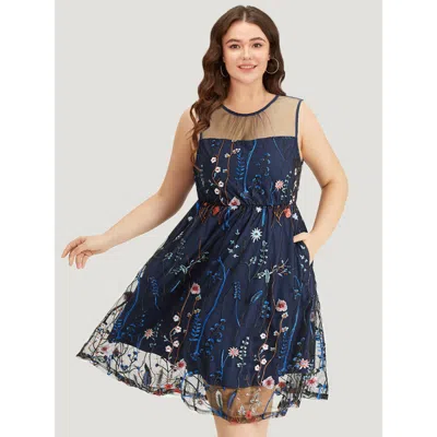 Bloomchic Plants Embroidered Mesh Patchwork Tank Dress In Blue