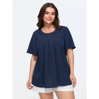 Bloomchic Pleated Front Flowy Plain Top In Darkblue