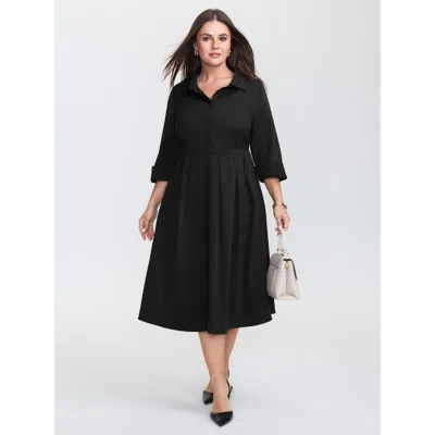 Bloomchic Pleated Placket Flowy Solid Color Midi Dress In Black