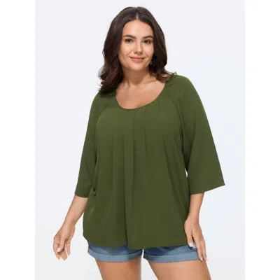 Bloomchic Pleated Raglan Sleeve Flowy Blouse In Armygreen