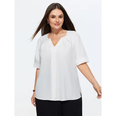 Bloomchic Pleated Split Neckline Placket Blouse In White