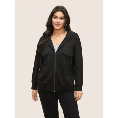 Bloomchic Plisse Drawstring Flap Pocket Front Zipper Hoodie In Black