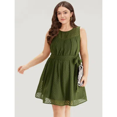 Bloomchic Plisse Mesh Patchwork Belted Pleated Dress In Green