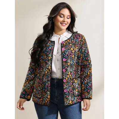 Bloomchic Plus Size Women Colorblock No Stretch Sleeve Long Sleeve Round Neck 12/l Patch Pocket Quilted Jacket In Multi