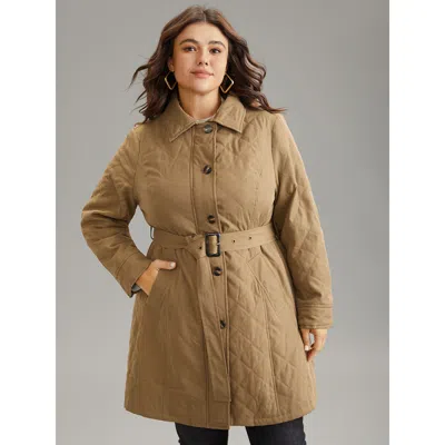 Bloomchic Plus Size Women Plain No Stretch 10/m Pocket Belt Quilted Jackets  In Brown