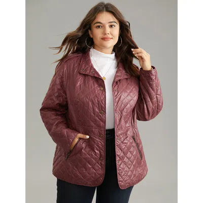 Bloomchic Plus Size Women Plain Plain No Stretch 14-16/1x Pocket Quilted Jackets  In Burgundy