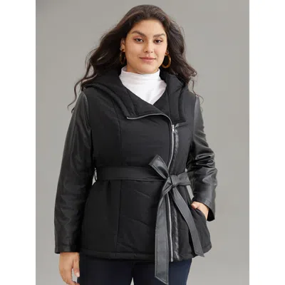 Bloomchic Plus Size Women Plain Zipper No Stretch 10/m Pocket Belt Quilted Jackets  In Black