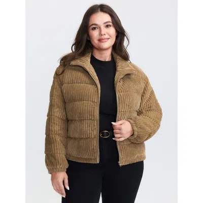 Bloomchic Plus Size Women Topstitching No Stretch Sleeve Long Sleeve Mock Neck 18-20/2x Side Seam Pocket Quilt In Brown