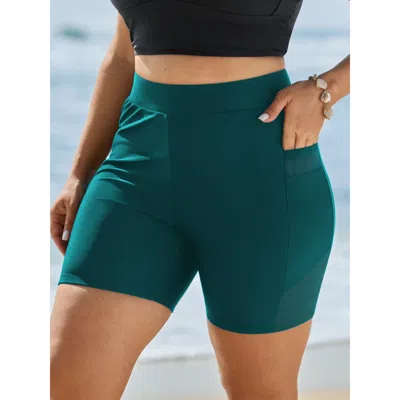 Bloomchic Pockets High-waisted Swim Shorts In Blue