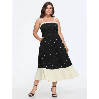 Bloomchic Polka Dot Color Block Hem Shirred Midi Dress In Black