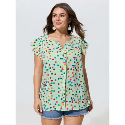 Bloomchic Polka Dot Flutter Sleeve Blouse In Greenbean