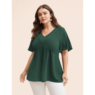 Bloomchic Polka Dot Frill Trim V Neck Flutter Blouse In Green