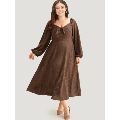 Bloomchic Polka Dot Knot Neck Lantern Sleeve Dress In Brown
