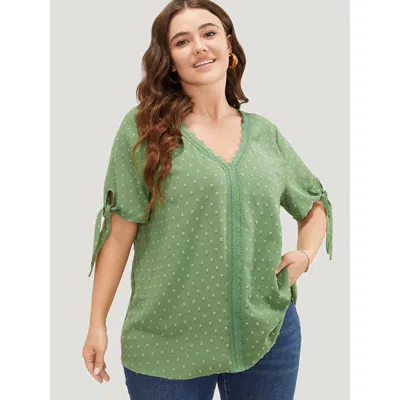 Bloomchic Polka Dot Knotted Sleeve Lace Blouse In Multi