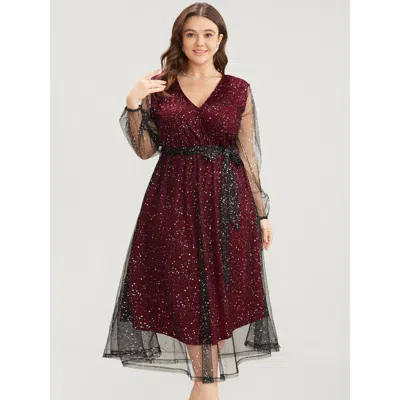 Bloomchic Polka Dot Lantern Sleeve Surplice Neck Mesh Belted Dress In Burgundy
