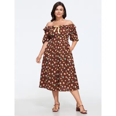 Bloomchic Polka Dot Off‑shoulder Ruffle Bow Decor Midi Dress In Browncoffeecolor