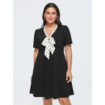 Bloomchic Polka Dots Print Ribbon Neckline Mini Dress In Black
