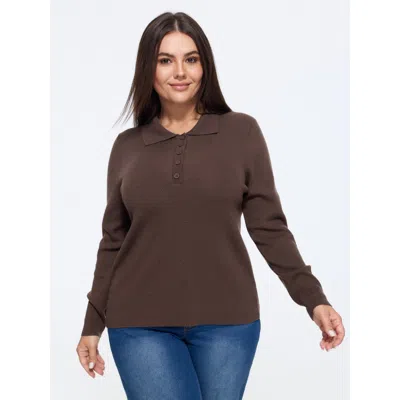 Bloomchic Polo Collar Long Sleeve Button Pullover In Darkbrown