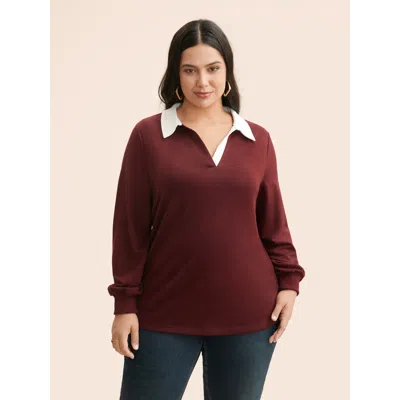 Bloomchic Polo Neck Contrast Patchwork Sweatshirt In Burgundy