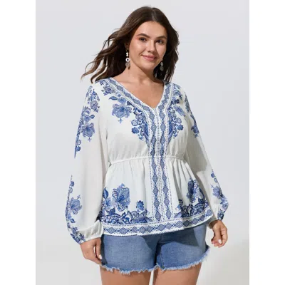 Bloomchic Porcelain Floral Print V Neck Chiffon Blouse In Blue