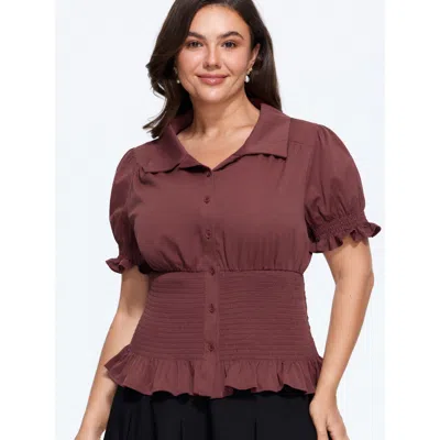 Bloomchic Puff Sleeve Shirred Waist Button Down Blouse In Browncoffeecolor