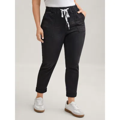 Bloomchic Pull-on Drawstring Folded Hem Boyfriend Jeans In Black