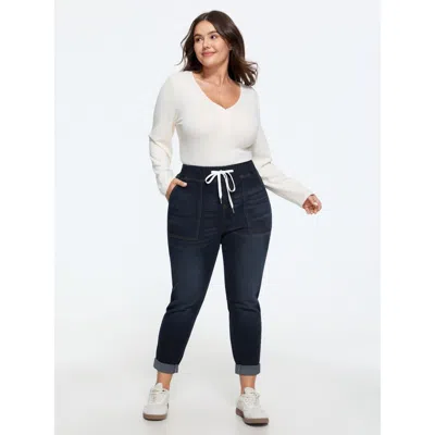 Bloomchic Pull-on Drawstring Folded Hem Boyfriend Jeans In Blue