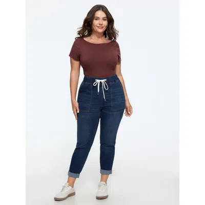 Bloomchic Pull-on Drawstring Folded Hem Boyfriend Jeans In Blue