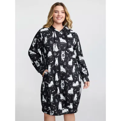 Bloomchic Pumpkin Cat Print Hooded Midi Lounge Dress In Black