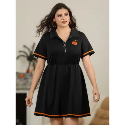 Bloomchic Pumpkin Embroidery Contrast Trim Half Zip Mini Dress In Black
