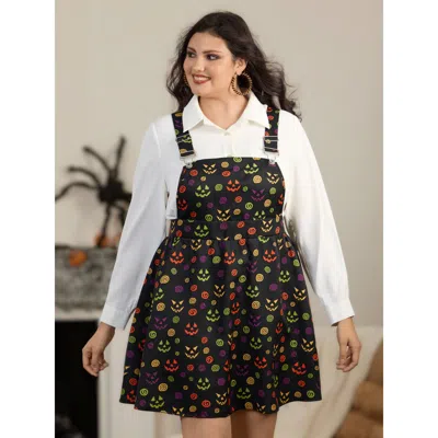 Bloomchic Pumpkin Jack‑o‑lantern Print Adjustable Suspender Overall Mini Dress In Multi