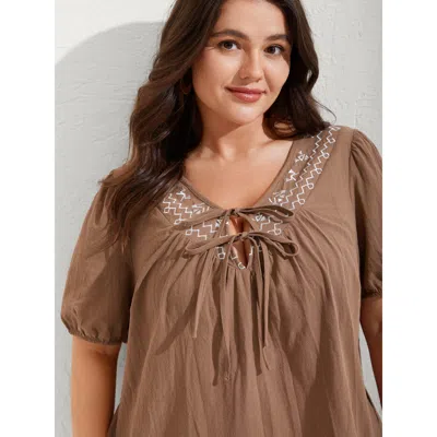 Bloomchic Pure Cotton Embroidered Neck Blouse In Brown