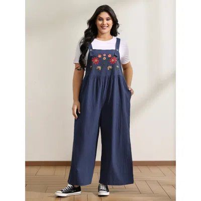 Bloomchic Pure Cotton Floral Embroidery Overall Jumpsuit In Darkblue