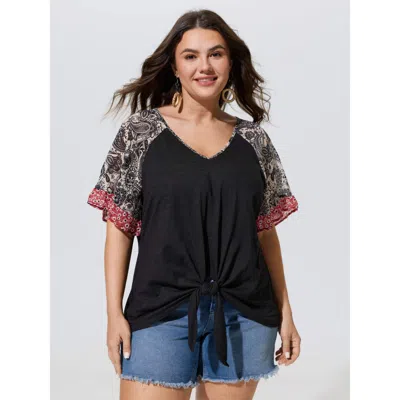 Bloomchic Pure Cotton Floral Sleeve Knotted T-shirt In Black