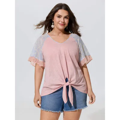 Bloomchic Pure Cotton Floral Sleeve Knotted T-shirt In Lightpink