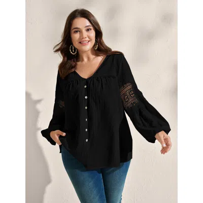 Bloomchic Pure Cotton Sheer Lace Trim Blouse In Black
