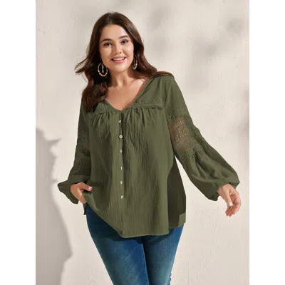 Bloomchic Pure Cotton Sheer Lace Trim Blouse In Green