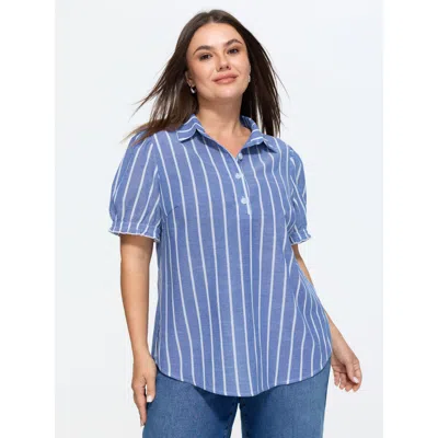 Bloomchic Pure Cotton Striped Puffy Sleeve Blouse In Blue