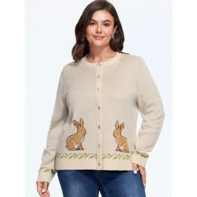 Bloomchic Rabbit Jacquard Round Neck Button Down Cardigan In Apricot